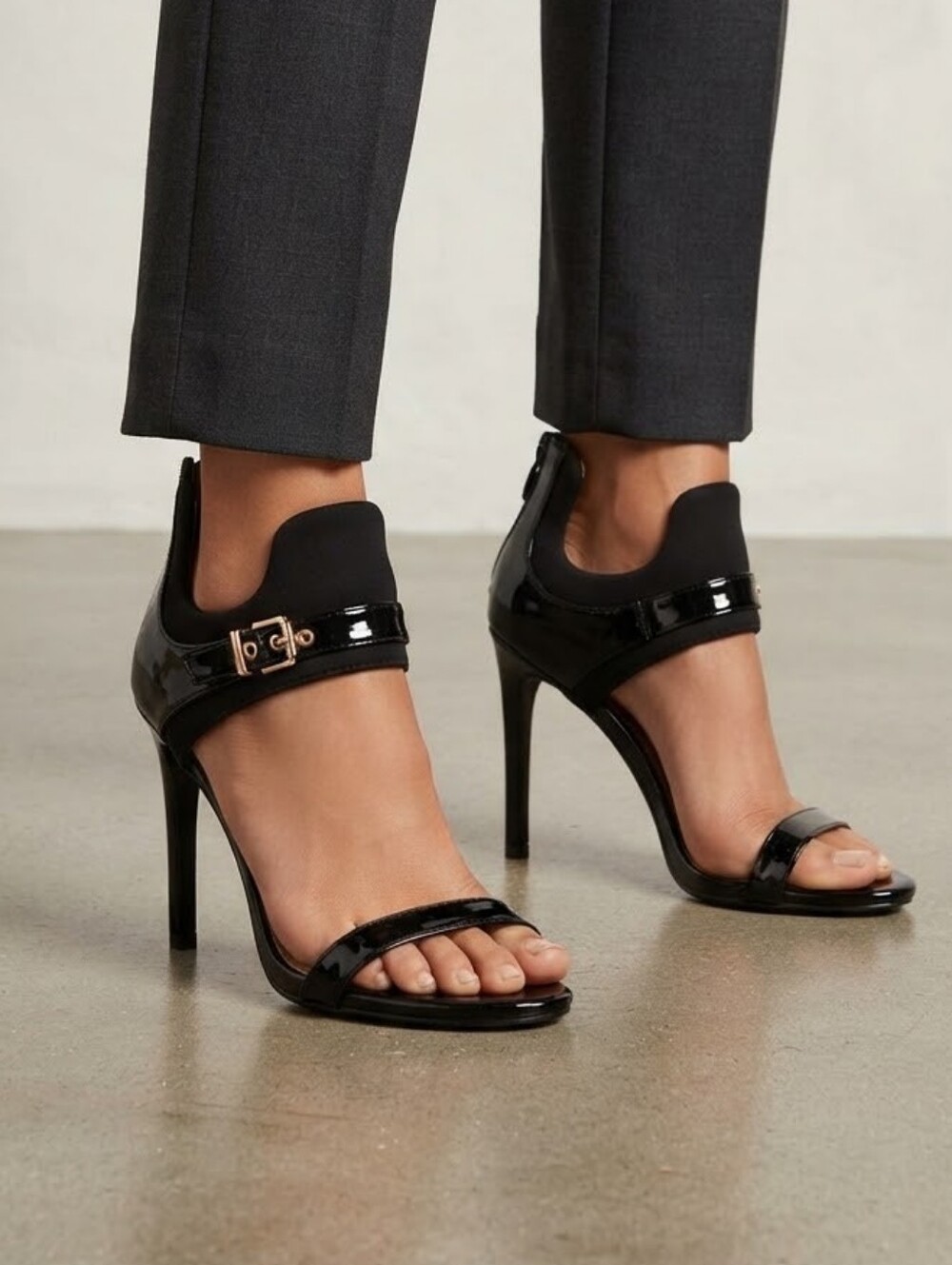 Kayleen Los Angeles Black Patent High Heel Ankle-Strap Sandals Size